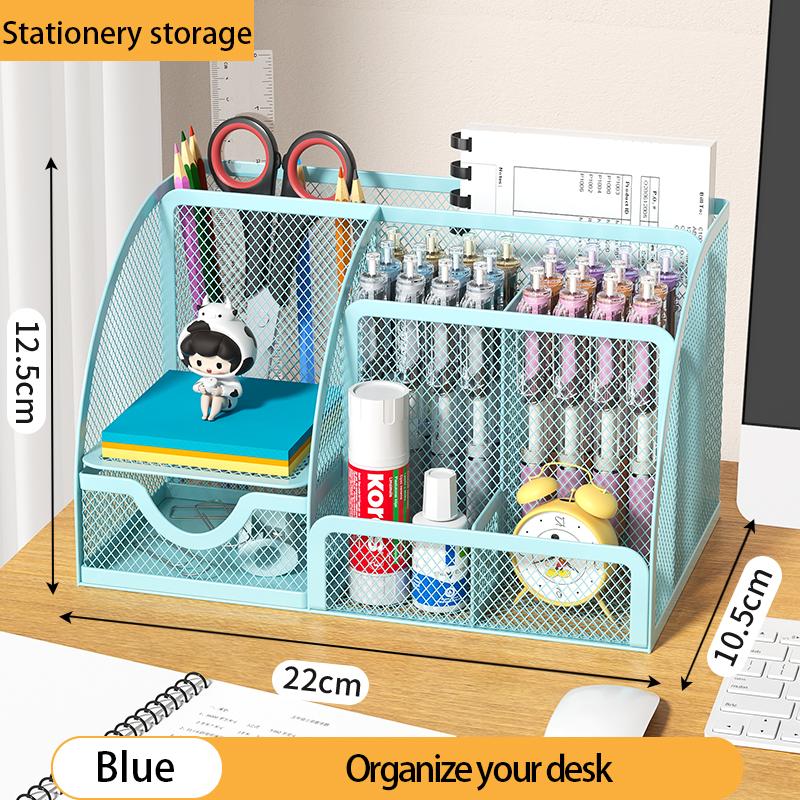 Mesh Pen Holder and Organizer Office Supplies with 7 Compartments, Desktop Organizer with Drawer, Metal Pen Holder for Desk