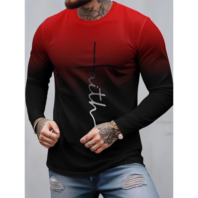 Autumn Round Neck Color Block 'Faith' Graphic 3D Printed T-shirts Fashionable Casual Long Sleeved Men's T-shirts