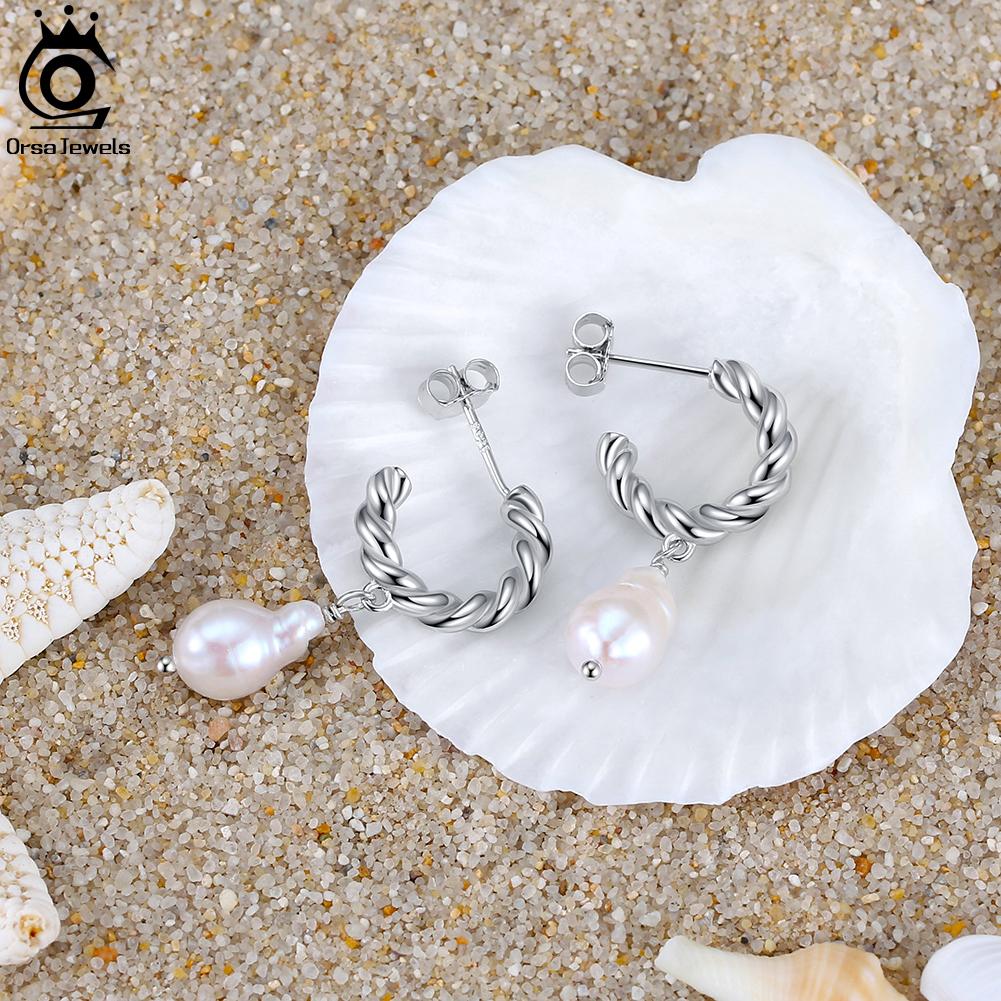 ORSA JEWELS New Real 925  Silver Freshwater Pearl Drop Earrings Classic Charm Dangle Ear For Women Fine Jewelry Gift