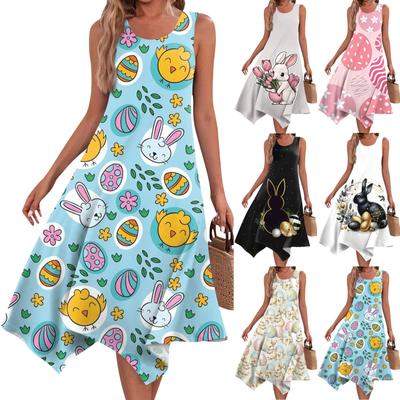 Women's Casual Fashion Round Neck Sleeveless Print Irregular Hem Midi Dress