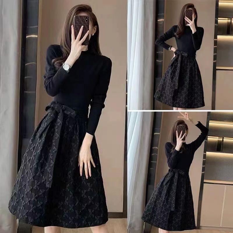 Luxury Women's Black Jacquard A-Line Dress - 2025 Spring Collection