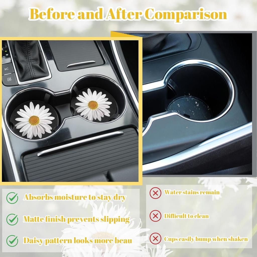 4Pcs Daisy Car Coasters for Cup Holders, Universal Non-Slip Absorbent Cup Holders, Cute Ceramic Drink Cup Car Holder Coasters, Car Interior