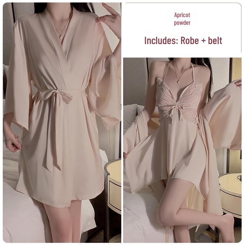 Set de pijama superb din mătase de gheață plus size cu cupe la piept și fundă - Rochie de dormit și halat exterior P3945