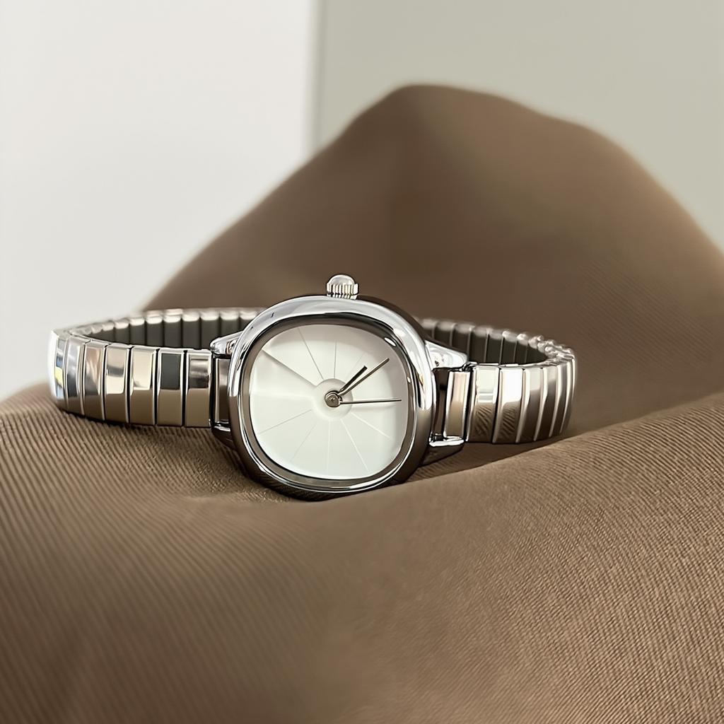 Retro Elastic Band Watch Female Lazy Wind Buckle-Free Elastic Steel Belt Watch Minimalist Sugar Cube Watch