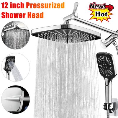 Cabezal de Ducha Fijo Tipo Lluvia de 12 Pulgadas/Cabezal de Ducha de Mano Combinado 3+1 Configuraciones Rociador Superior Set de Ducha para Montar en Pared Sistema de Ducha Empotrado