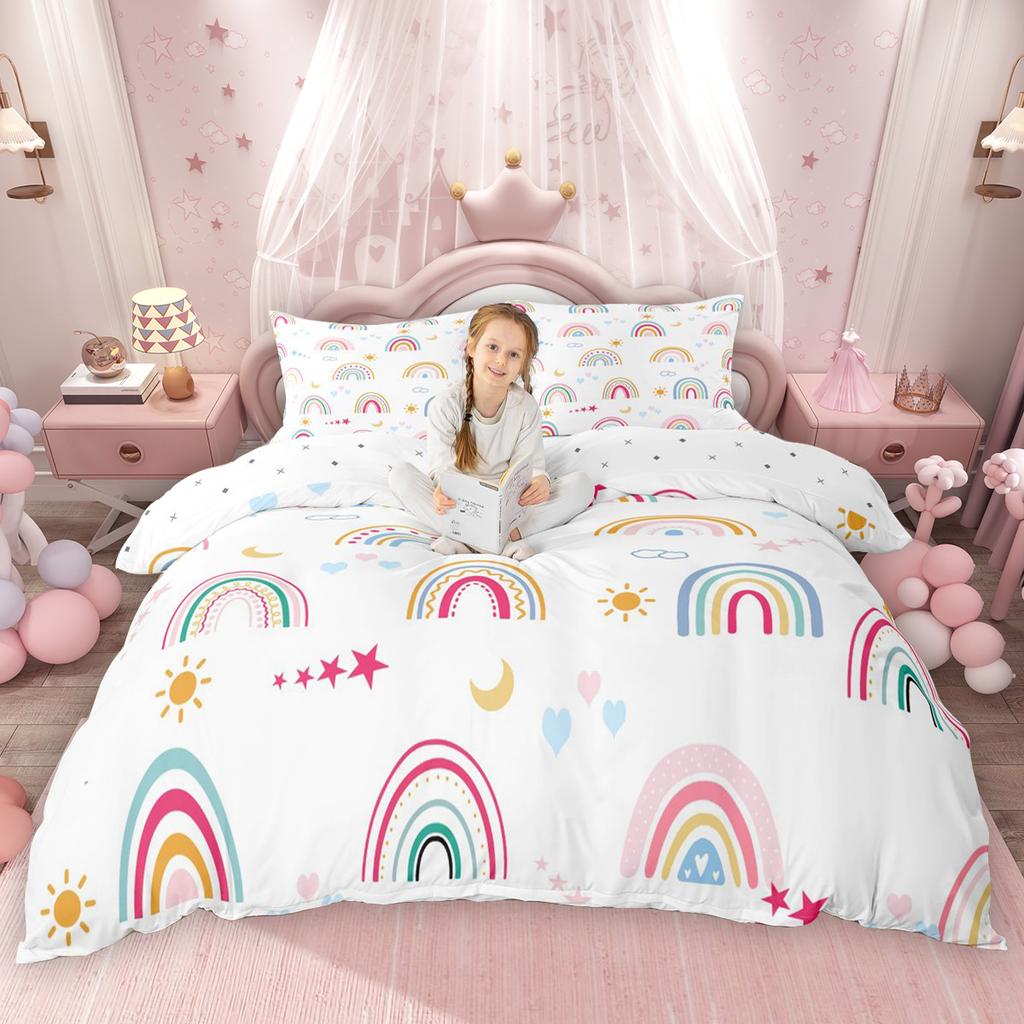 Homewish Kawaii Cherry Bowknot Duvet Cover Set Cute Groovy Flower Bed Set Cartoon Rainbow Quilt Cover Set