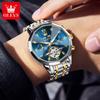 OLEVS 6621 Mens Skeletonized Flywheel Wristwatch Dual Calendar Moon Phase Waterproof Automatic Mechanical Luxury Watch Man