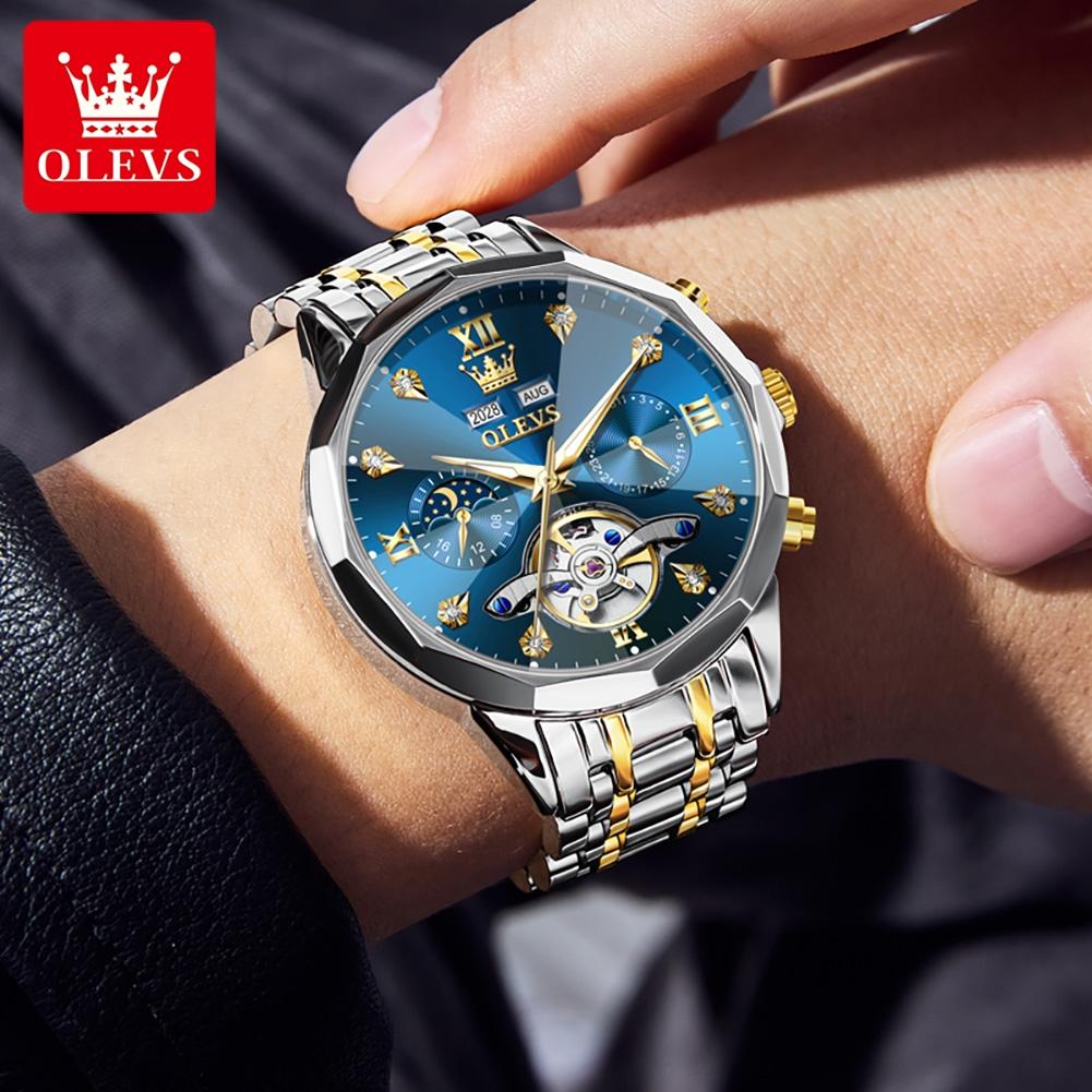 OLEVS 6621 Mens Skeletonized Flywheel Wristwatch Dual Calendar Moon Phase Waterproof Automatic Mechanical Luxury Watch Man