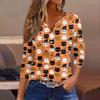 Lady's fashionable casual V-neck buttoned Halloween print three-quarter sleeve