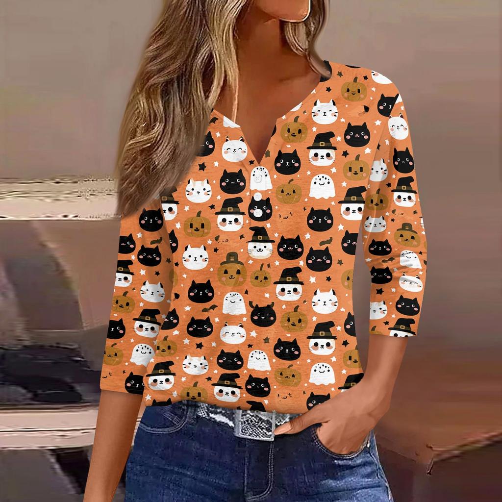 Lady's fashionable casual V-neck buttoned Halloween print three-quarter sleeve