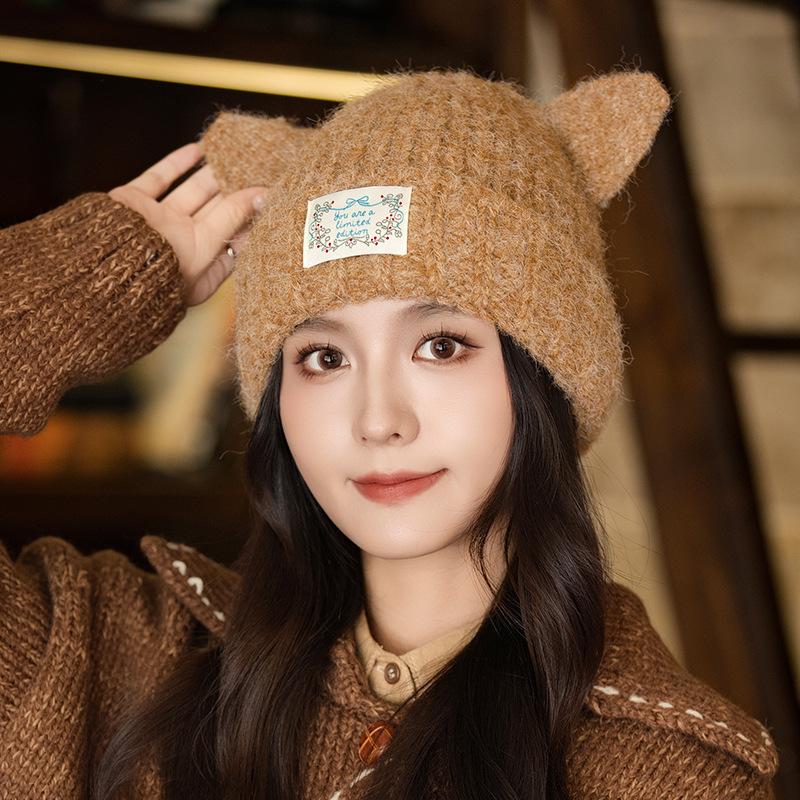 Fashionable and Versatile Warm Cat Ear Wool Hat for Women In Autumn and Winter Thickened Windproof Pullover Hat Japanese Casual Ear Protection Hat