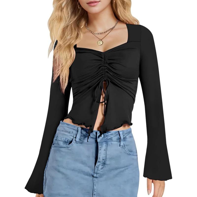 Women S Cropped Long Sleeve T Shirt Drawstring Ruched Slim Fit Top