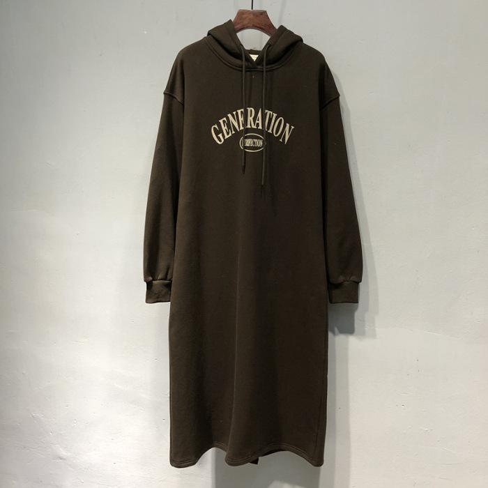 

YYFS Женская мода Осень Зима Длинный рукав С капюшоном Свободная талия Повседневные платья Size: One Size темно-коричневого