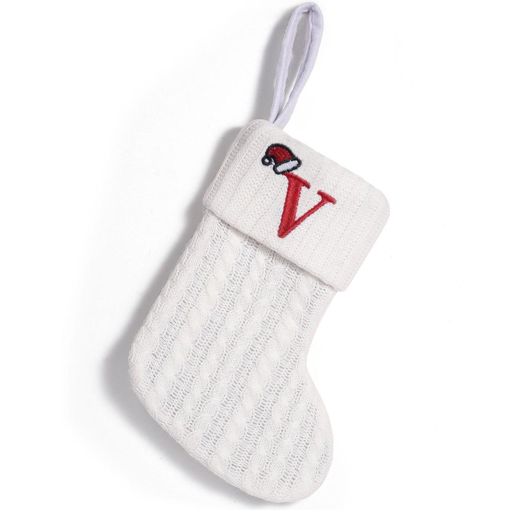 Cross-Border White Knitted Christmas Stocking with Letter Embroidery – Decorative Gift Bag Ornament.