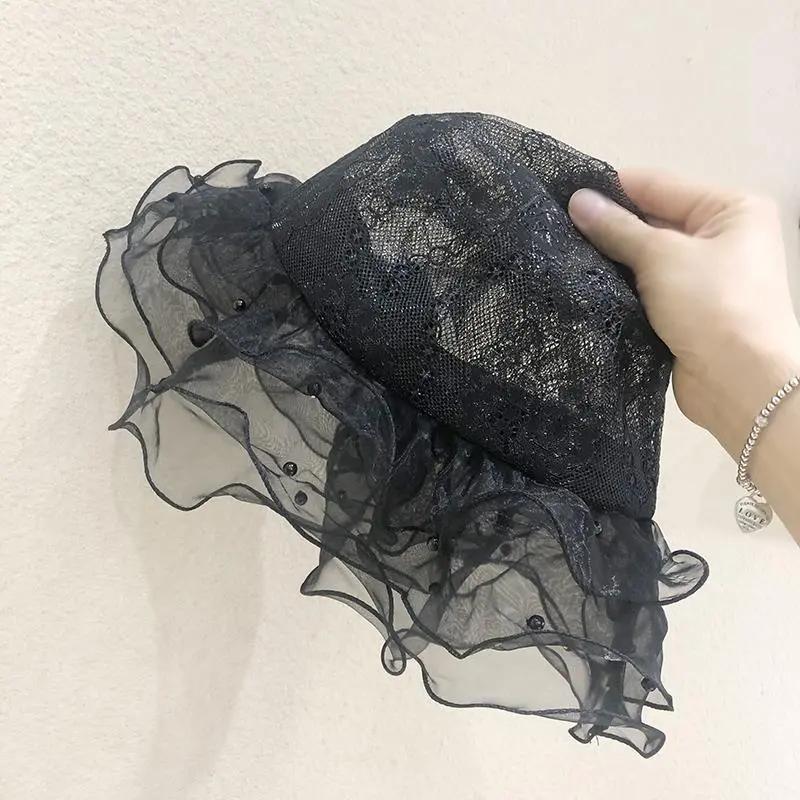 WTEMPO Solid Color Elegant Lace Patchwork Bucket Hats Large Brim Summer Mesh Gauze Wavy Flat-top Pearls Sun Hats