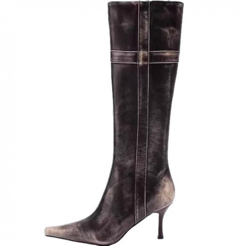 Cowhide retro polished high knight boots summer new thin long fashion boots thin heel pointed boots women