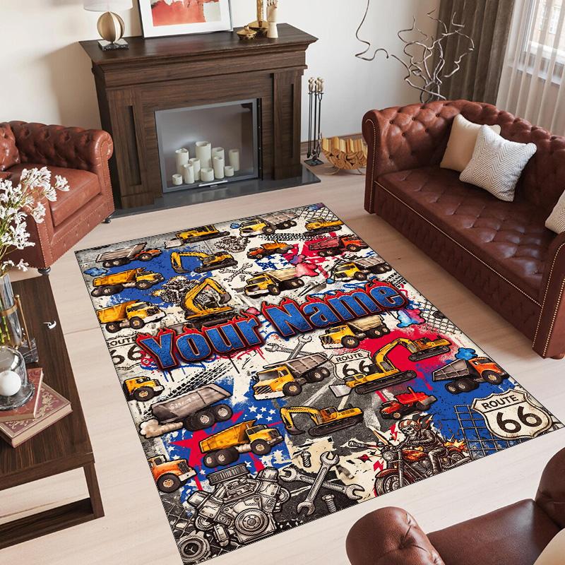 Construction Vehicles Theme Crystal Velvet Rug Personalized Custom Name Text Soft Floor Mat Home Decor