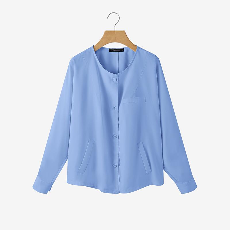 ZANZEA Bluză de damă cu gât rotund, culoare solidă, largă, cu mânecă lungă