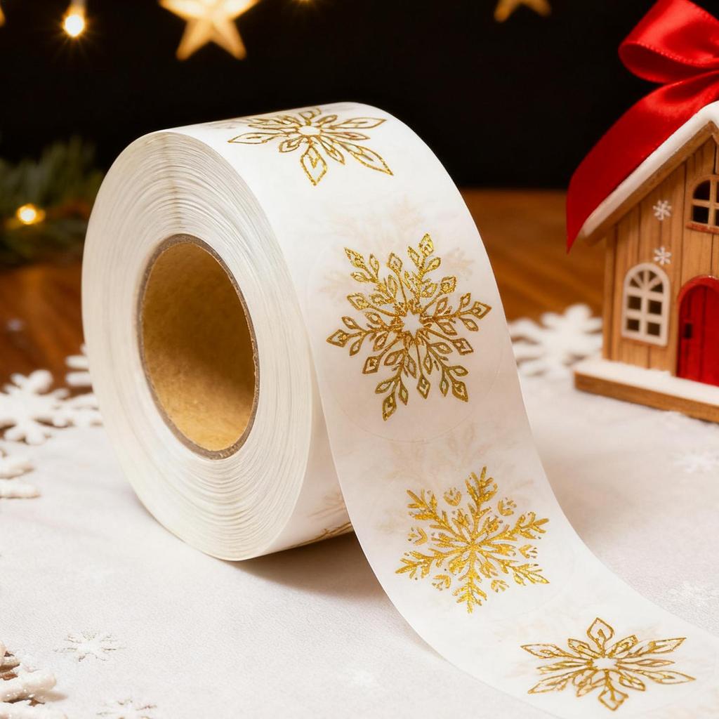 Snowflake Stickers Roll 500 Pieces Round Self-Adhesive Transparent Christmas Labels Holiday Crafts Label Roll Envelope Decal