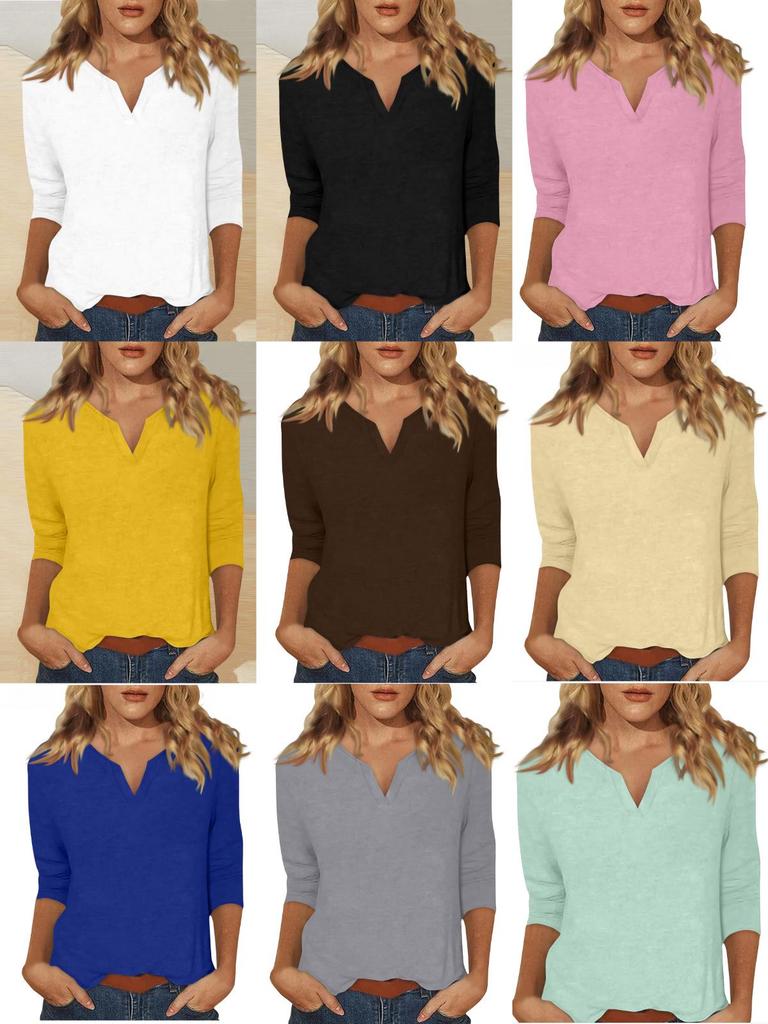 2025 Women's V-Neck 7-Point Sleeve Solid Color T-Shirt