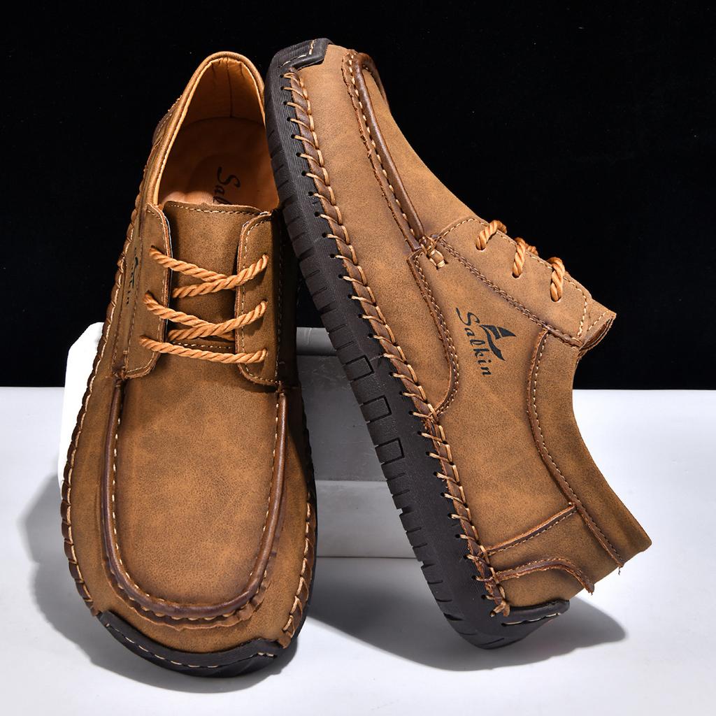 Men's Hand Stitched Casual Leather Shoes Vintage Lace Up Wide Toe Soft Sole Breathable Loafers British Style Driving Shoes