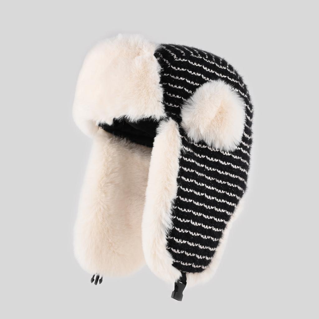 Korean version of striped plush hat women's autumn and winter warm ear protection hat men's outdoor cycling cold protection hat tide