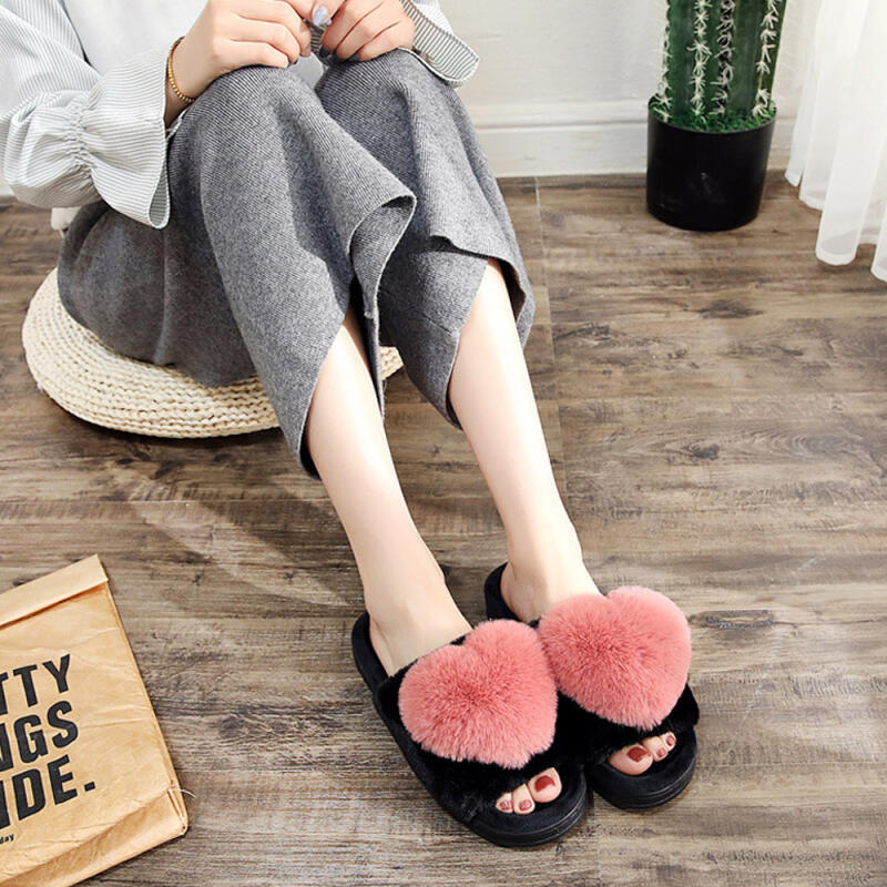 Mink King Heart Fluffy Warm Office Slippers