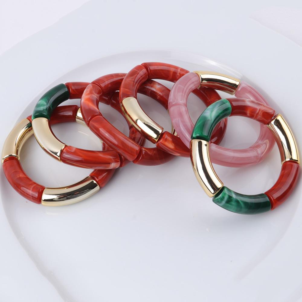 New Mixed Gold Color Tube Beads Acrylic Bracelets Bangles for Women Men Stretch Bamboo Curved Resin Bracelet Stack Jewelry Gifts