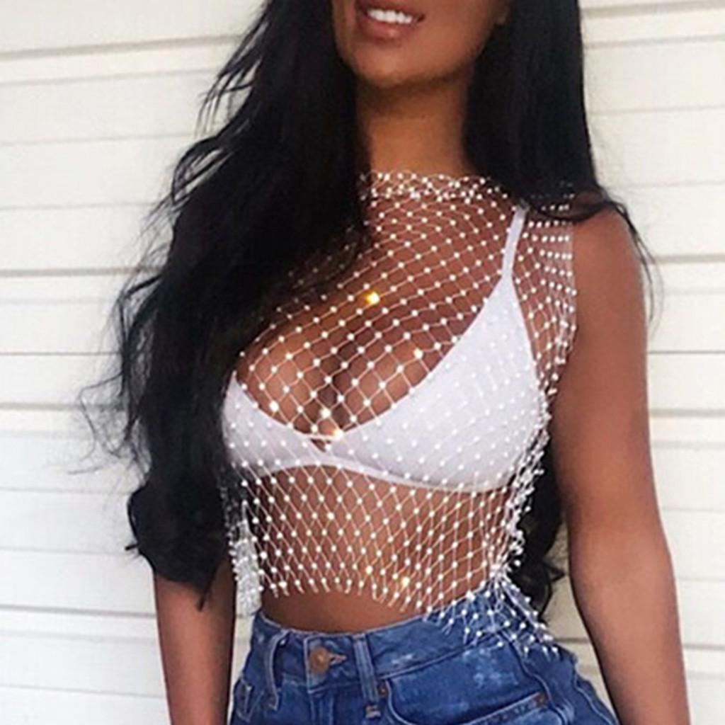 Diamond Mesh Tank Top Women Hollow Out Elastic  Rhinestone Crop Tops