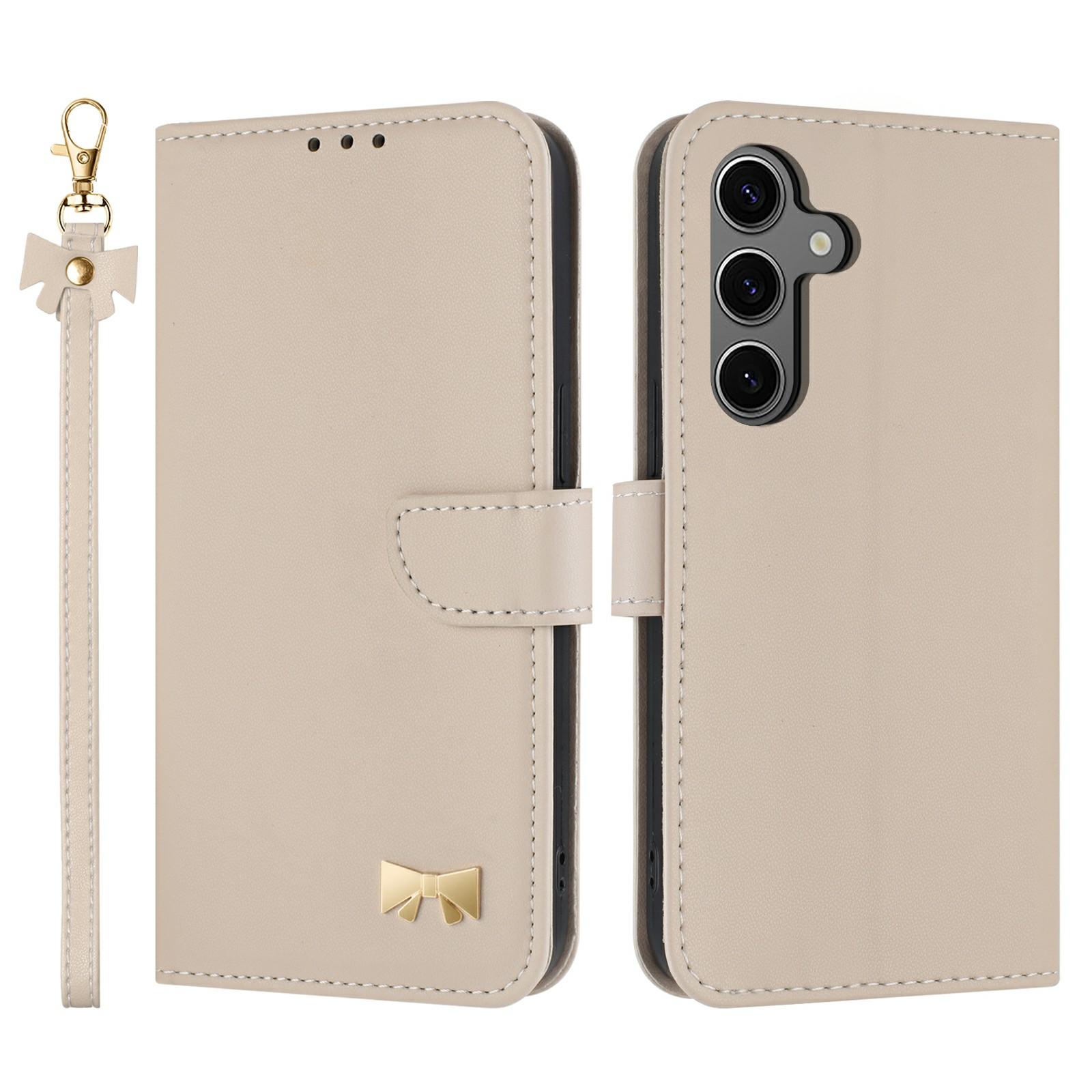 

For Samsung Galaxy S25 FE Case Bowknot Decor Wallet Leather Phone Cover with Wrist Strap Khaki