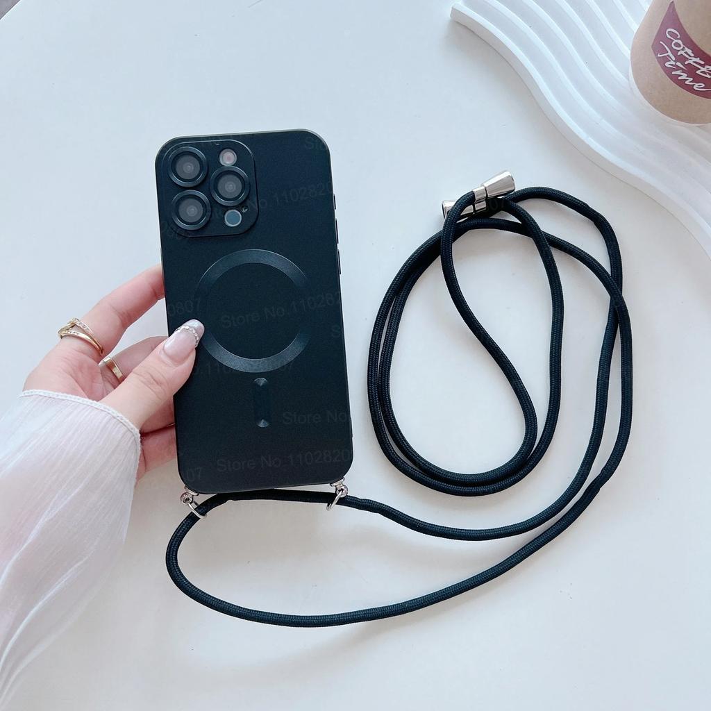 Fashion Magnetic Phone Case for IPhone 17 16 15 14 Plus 13 12 Pro Max with Crossbody Strap Shockproof Matte Lanyard Rope Cover