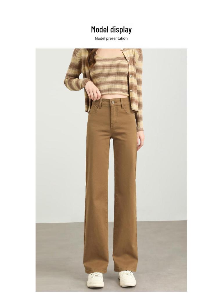 Jeans da Donna Khaki a Vita Alta Gamba Dritta - Stagione Primavera/Autunno 2026 Vestibilità Slim, Stile Americano, Pantaloni Lunghi Larghi Petite