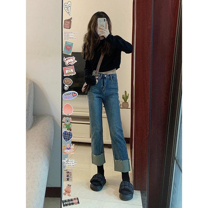 

Весенние и осенние джинсы, женские прямые брюки, брюки с высокой талией, джинсовые джинсы XL