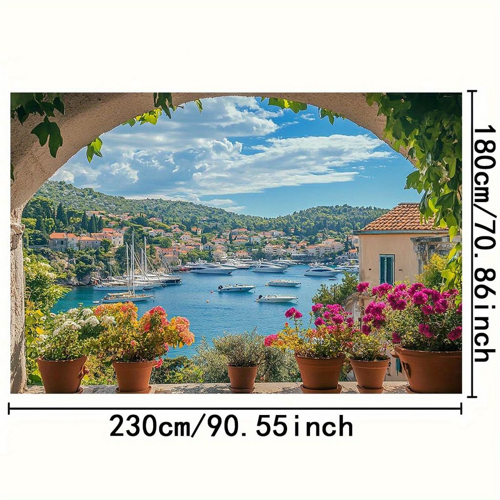1 Mediterranean Terrace Background with Sea View Boats Flowers and Village House Beach Theme Decoration