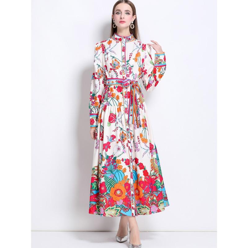 Spring Autumn Women Plus Size Print Designer Runway Dress Oversized Loose Single Breasted Long Maxi Lace-up Holiday Beach Dress