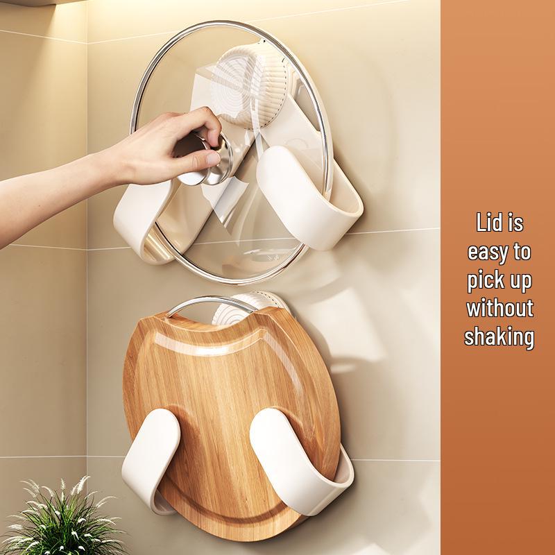 Wall-Mounted Rotating Pot Lid & Cutting Board Rack – Seamless Nail-Free Design with Suction Cup Storage.
