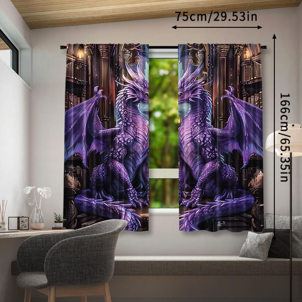 2pcs Rod Pocket Dragon Print Curtains - Semi-Sheer Polyester Pongee Fantasy Library Decor for Bedroom, Living Room - Machine Was