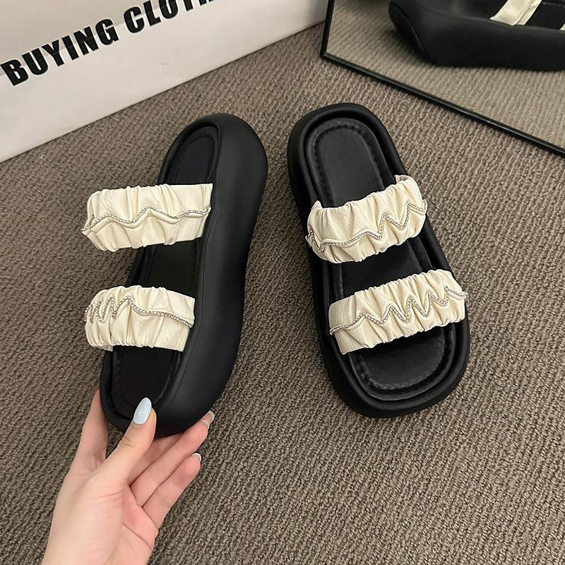 

Thick-soled heightening cool slippers for women to wear in summer, new casual sandals, small beach one-word drag 40 бежевый