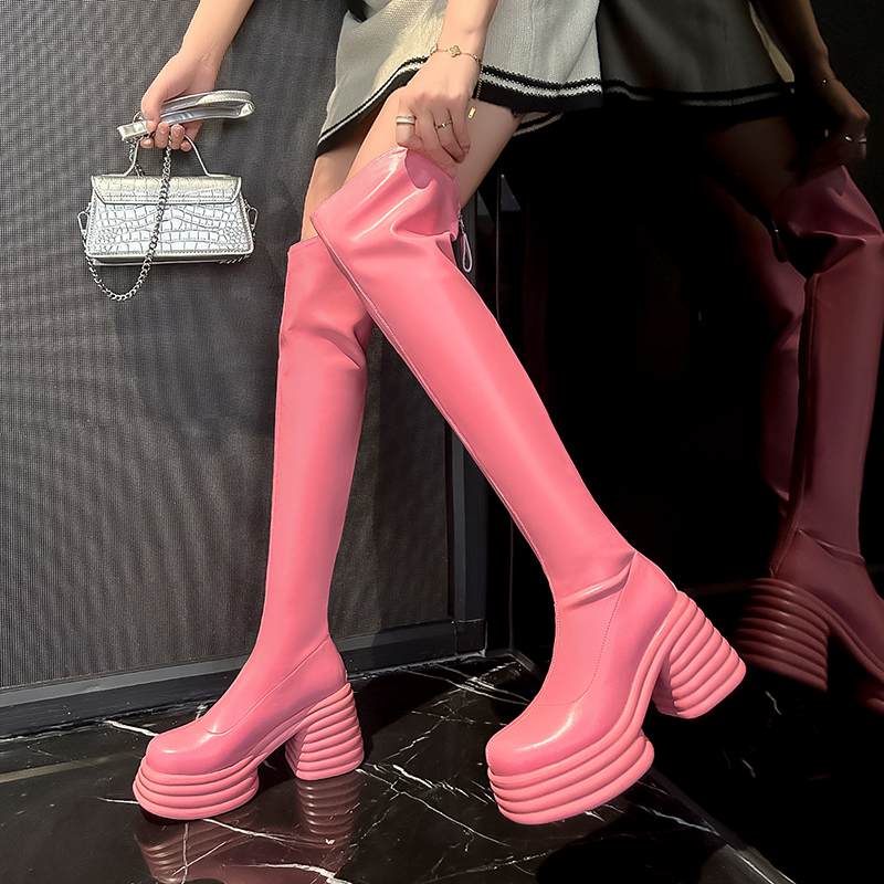 Krazing Pot Chaussures en cuir microfibre pour femme, bottes imperméables à bout rond, talons hauts épais, fermeture éclair sur le devant, automne et hiver