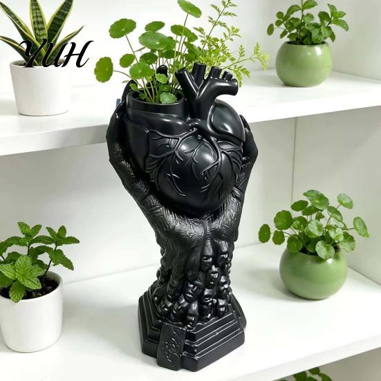 Unique Gothic Art Gift Hand Holding Human Heart Organ Vase, Anatomical Shaped Devil Palm Flower Pot Spooky Halloween Desktop for Living Room