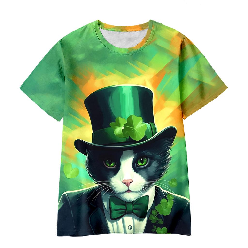 Summer Round Neck 3D Green Magic Hat with Clover Print Top Fashionable Casual Short Sleeved Children's Boy and Girl T-shirts