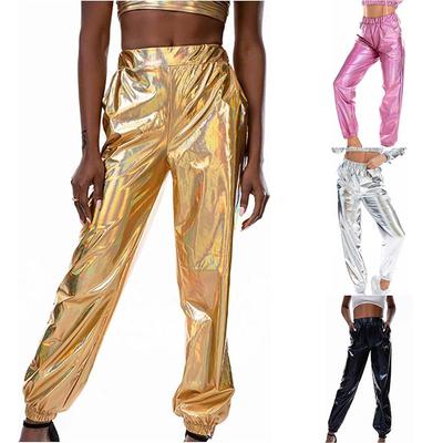 Kadın Parlak Holografik Esnek Metalik Jogger Pantolon Yüksek Bel Eşofman Altı Hip Hop Kulüp Rave Pantolonu