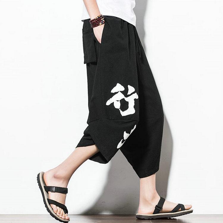 Atmungsaktive Herren-Caprihose aus Leinen mit elastischer Taille, lockere Strandshorts