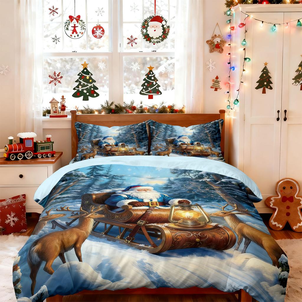 3pcs Merry Christmas Santa Claus Printed Chipless Bedding Set Multi Size Bedding Decoration Comfortable and Machine Washable