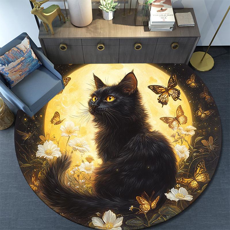 Black Cat Round Area Rug,Carpet Rug for Living Room Bedroom Sofa Playroom Decor,Non-slip Floor Mat