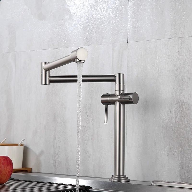 Tuqiu Brushed Gold Pot Filler Tap Deck Mounted Foldable Black Kitchen Faucet Hot Cold Sink Tap Rotate Folding Spout Gold Brass