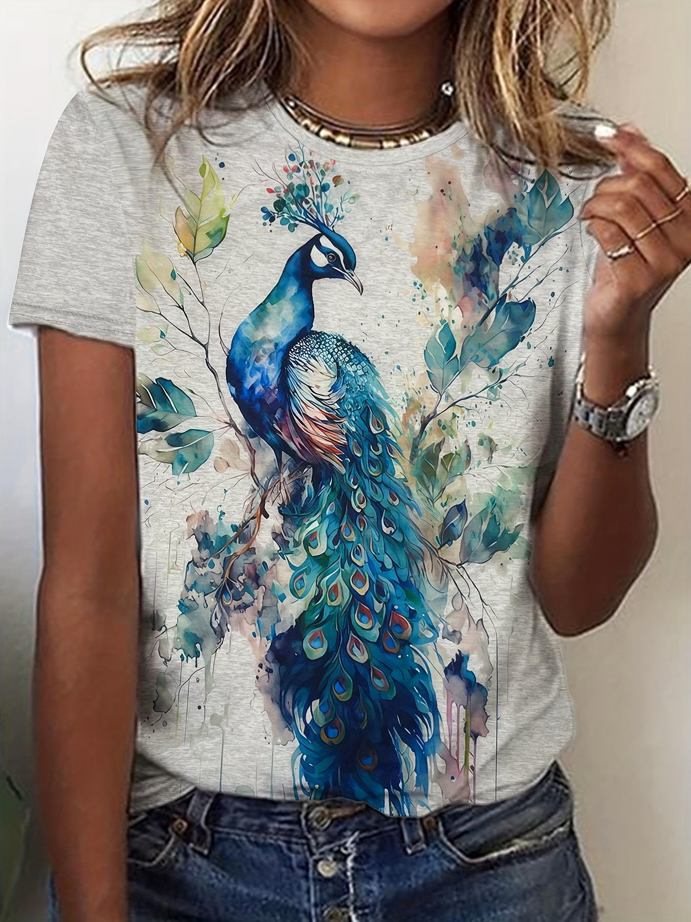 Women s Tee Watercolor Blue Peacock Graphic, Elegant Artistic Bird Design for Casual Daily Wear S