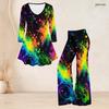 Women Plus Size V Neck Three Quarter Sleeve Printed Flared Top And Flared Pants Two Piece Set