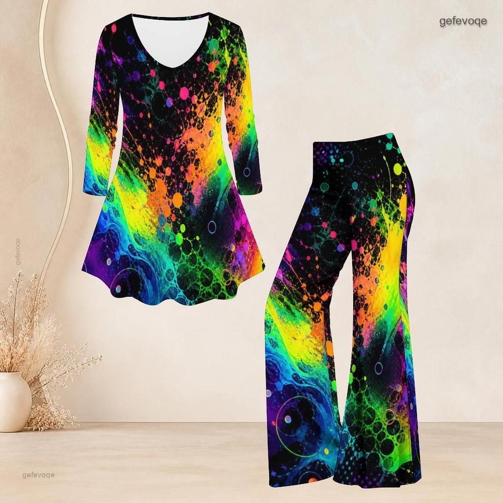 Women Plus Size V Neck Three Quarter Sleeve Printed Flared Top And Flared Pants Two Piece Set