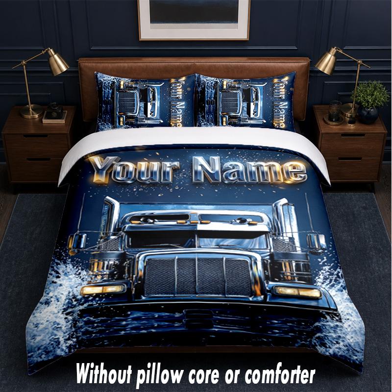 Truck Theme Custom Text Or Name 3Pcs Bedding Set,1 Flat Sheet & 2 Pillowcases Personalized Home Bedding